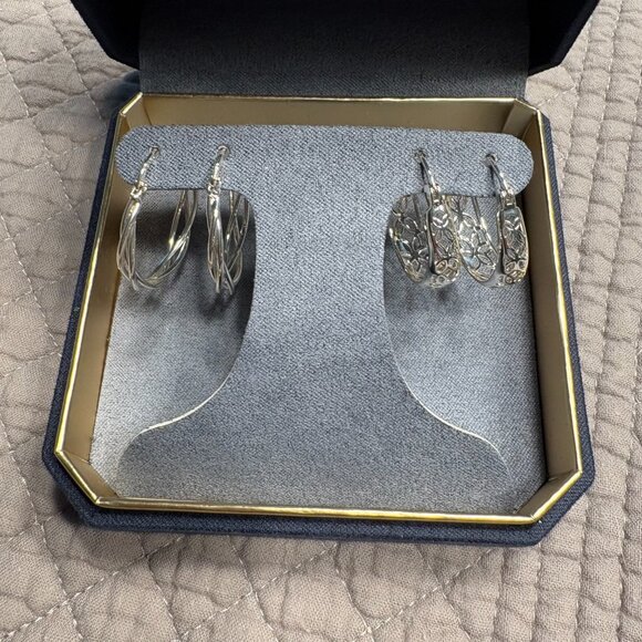 Brilliance Silver Plate Earrings Braided & Filigree Hoop Earring 2-Pair Set NWT - Picture 3 of 7